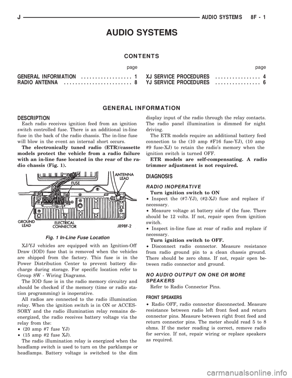 JEEP CHEROKEE 1994 Service Repair Manual AUDIO SYSTEMS
CONTENTS
page page
GENERAL INFORMATION.................. 1
RADIO ANTENNA........................ 8XJ SERVICE PROCEDURES................ 4
YJ SERVICE PROCEDURES................ 6
GENERAL JEEP CHEROKEE 1994 Service Repair Manual AUDIO SYSTEMS
CONTENTS
page page
GENERAL INFORMATION.................. 1
RADIO ANTENNA........................ 8XJ SERVICE PROCEDURES................ 4
YJ SERVICE PROCEDURES................ 6
GENERAL