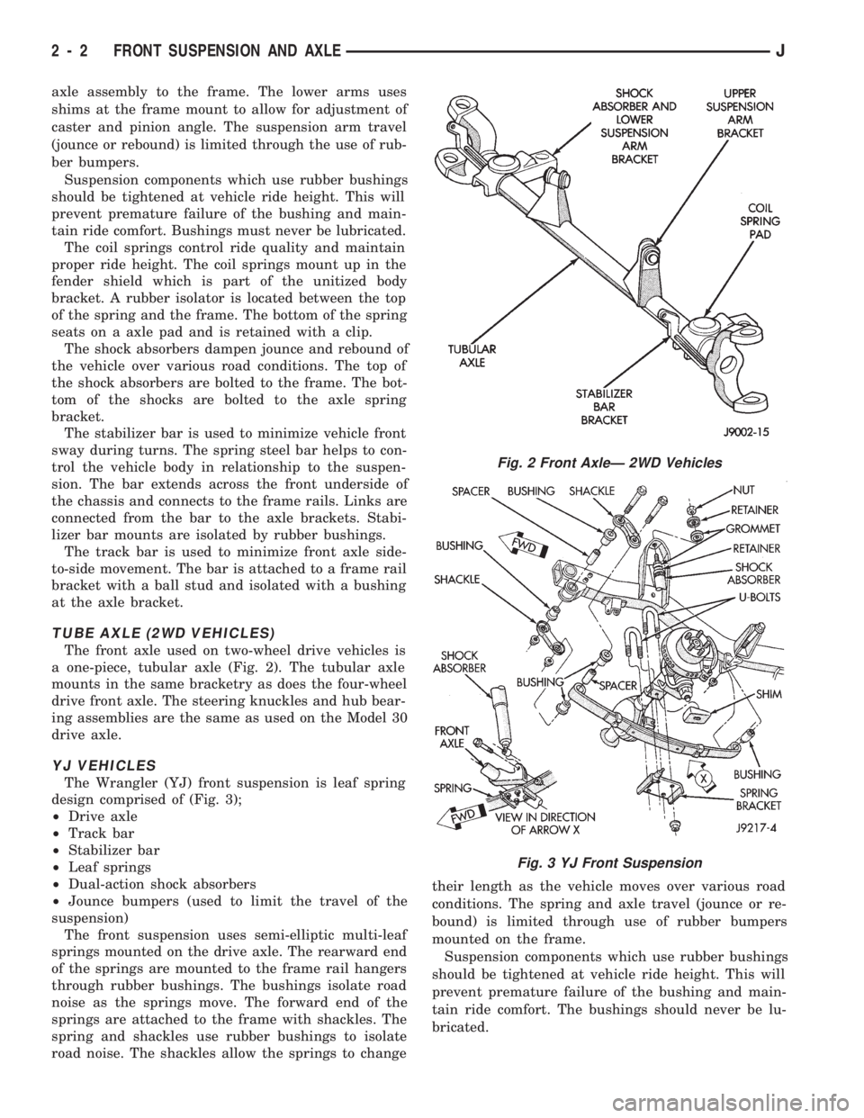 JEEP CHEROKEE 1994  Service Repair Manual axle assembly to the frame. The lower arms uses
shims at the frame mount to allow for adjustment of
caster and pinion angle. The suspension arm travel
(jounce or rebound) is limited through the use of