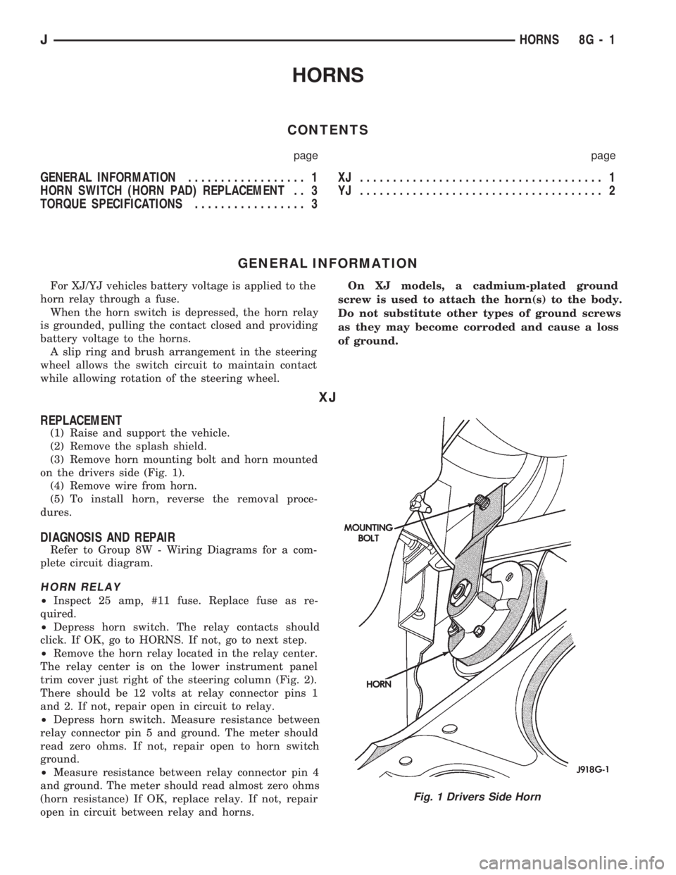 JEEP CHEROKEE 1994 Service Repair Manual HORNS
CONTENTS
page page
GENERAL INFORMATION.................. 1
HORN SWITCH (HORN PAD) REPLACEMENT . . 3
TORQUE SPECIFICATIONS................. 3XJ ..................................... 1
YJ ........ JEEP CHEROKEE 1994 Service Repair Manual HORNS
CONTENTS
page page
GENERAL INFORMATION.................. 1
HORN SWITCH (HORN PAD) REPLACEMENT . . 3
TORQUE SPECIFICATIONS................. 3XJ ..................................... 1
YJ ........