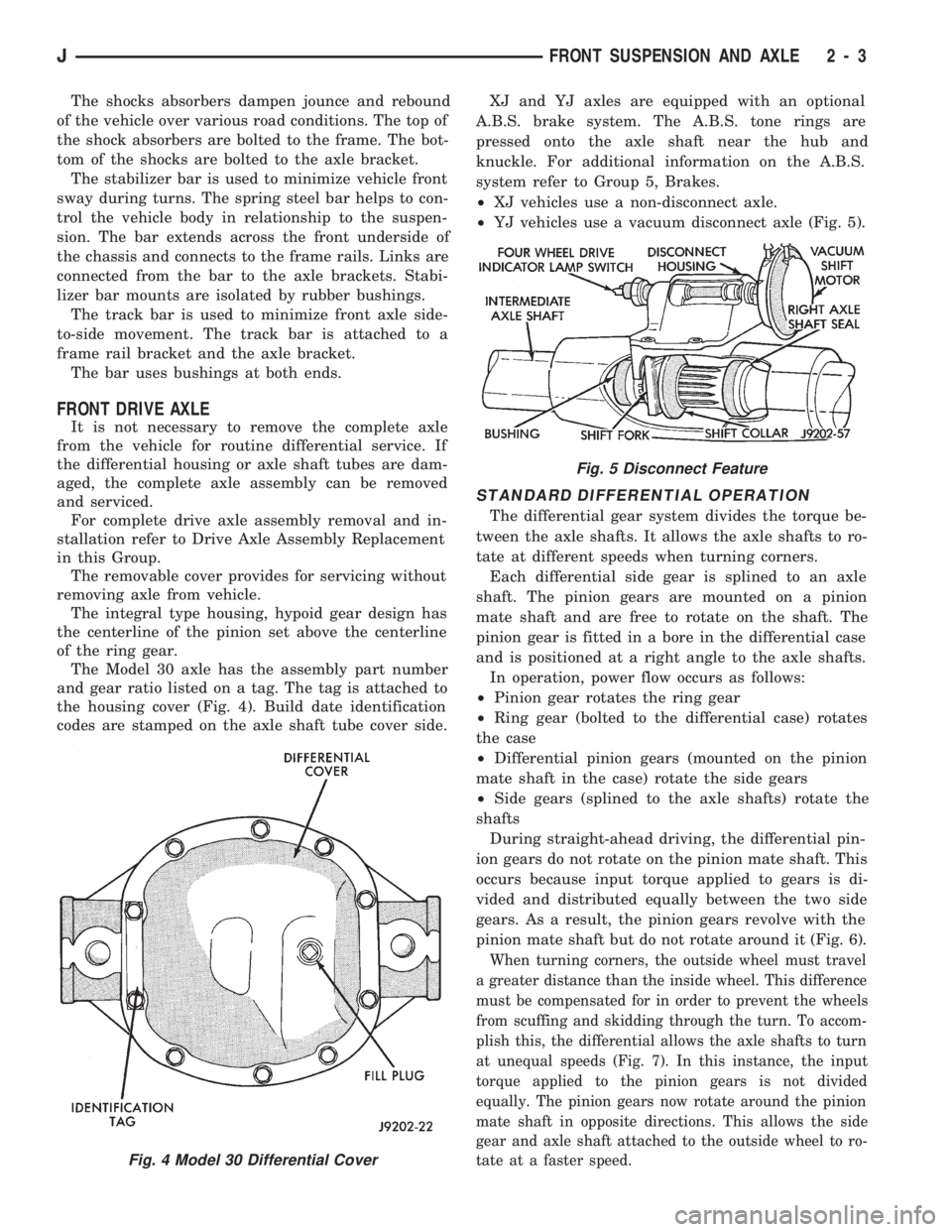 JEEP CHEROKEE 1994  Service Repair Manual The shocks absorbers dampen jounce and rebound
of the vehicle over various road conditions. The top of
the shock absorbers are bolted to the frame. The bot-
tom of the shocks are bolted to the axle br