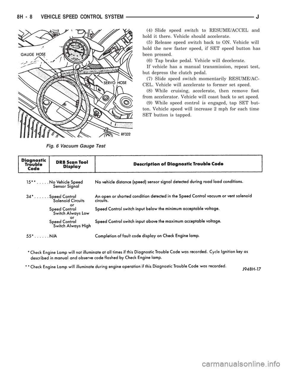 JEEP CHEROKEE 1994 Service Repair Manual (4) Slide speed switch to RESUME/ACCEL and
hold it there. Vehicle should accelerate.
(5) Release speed switch back to ON. Vehicle will
hold the new faster speed, if SET speed button has
been pressed.
JEEP CHEROKEE 1994 Service Repair Manual (4) Slide speed switch to RESUME/ACCEL and
hold it there. Vehicle should accelerate.
(5) Release speed switch back to ON. Vehicle will
hold the new faster speed, if SET speed button has
been pressed.