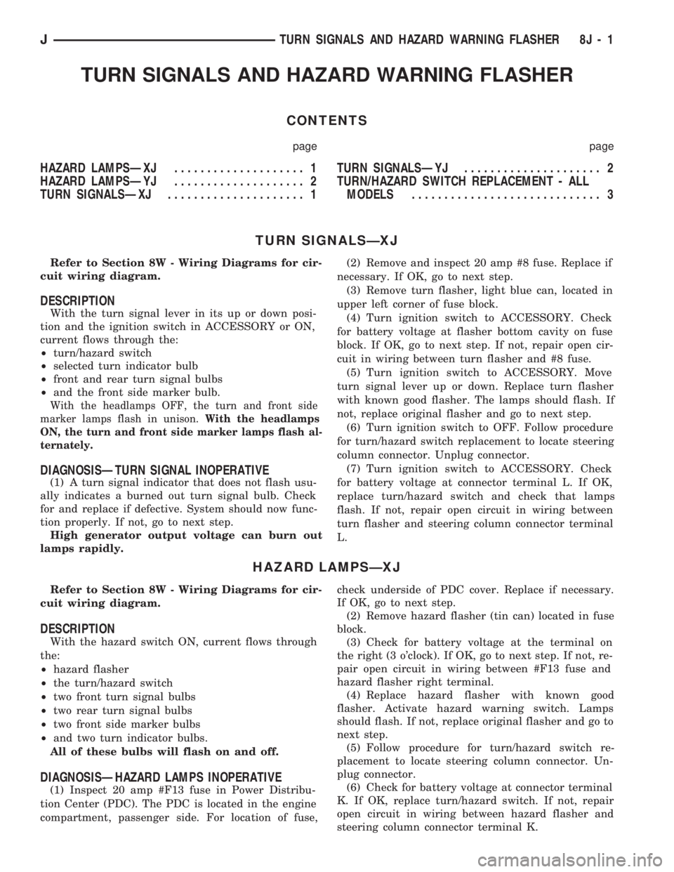 JEEP CHEROKEE 1994 Service Repair Manual TURN SIGNALS AND HAZARD WARNING FLASHER
CONTENTS
page page
HAZARD LAMPSÐXJ.................... 1
HAZARD LAMPSÐYJ.................... 2
TURN SIGNALSÐXJ..................... 1TURN SIGNALSÐYJ........ JEEP CHEROKEE 1994 Service Repair Manual TURN SIGNALS AND HAZARD WARNING FLASHER
CONTENTS
page page
HAZARD LAMPSÐXJ.................... 1
HAZARD LAMPSÐYJ.................... 2
TURN SIGNALSÐXJ..................... 1TURN SIGNALSÐYJ........