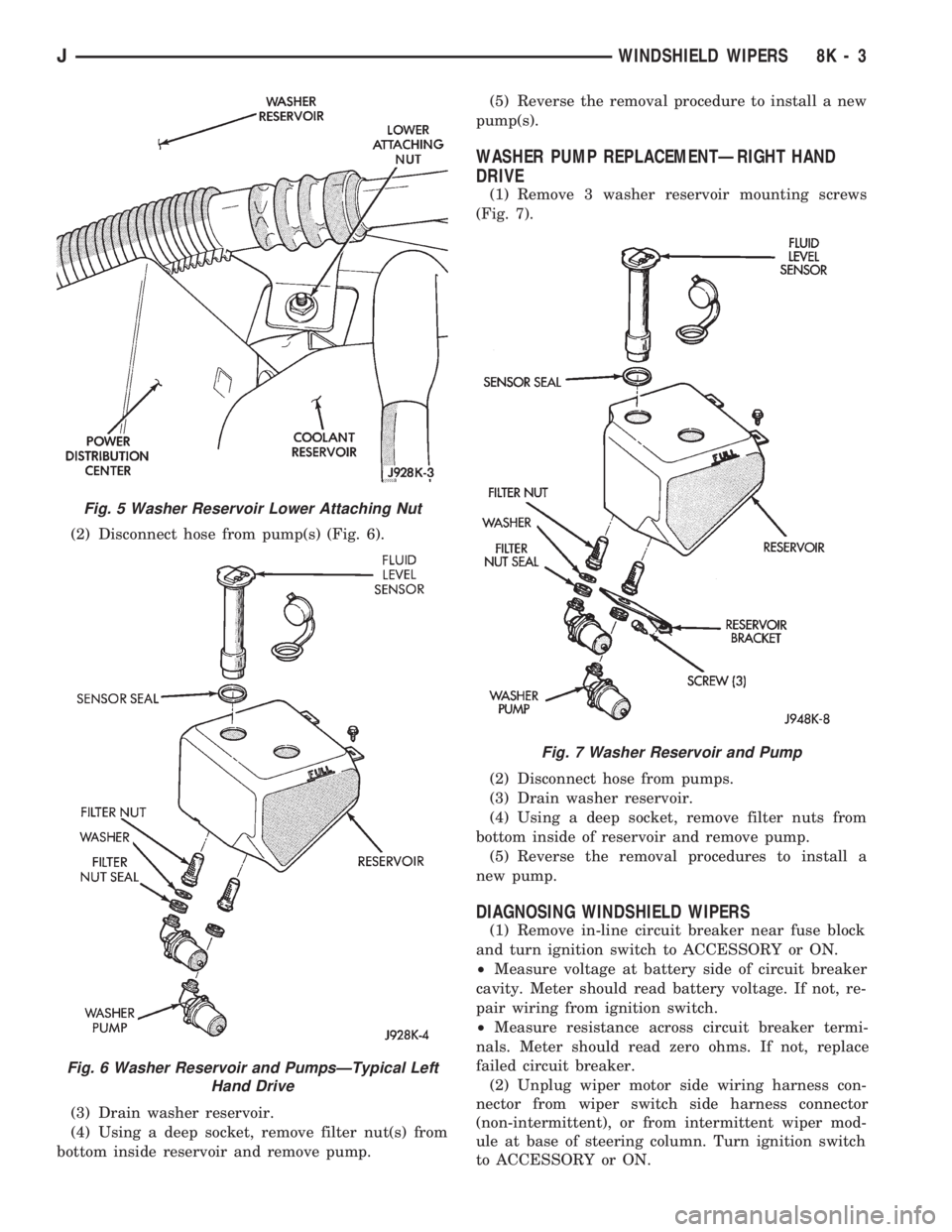 JEEP CHEROKEE 1994  Service Repair Manual (2) Disconnect hose from pump(s) (Fig. 6).
(3) Drain washer reservoir.
(4) Using a deep socket, remove filter nut(s) from
bottom inside reservoir and remove pump.(5) Reverse the removal procedure to i