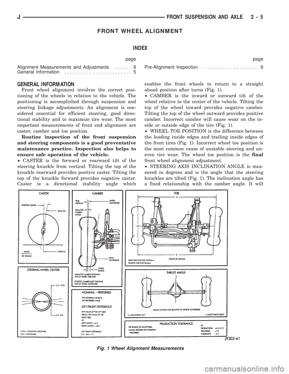 JEEP CHEROKEE 1994  Service Service Manual FRONT WHEEL ALIGNMENT
INDEX
page page
Alignment Measurements and Adjustments...... 6
General Information........................ 5Pre-Alignment Inspection.................... 6
GENERAL INFORMATION
Fro