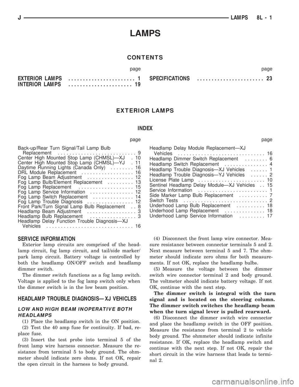 JEEP CHEROKEE 1994  Service Repair Manual LAMPS
CONTENTS
page page
EXTERIOR LAMPS....................... 1
INTERIOR LAMPS...................... 19SPECIFICATIONS....................... 23
EXTERIOR LAMPS
INDEX
page page
Back-up/Rear Turn Signal