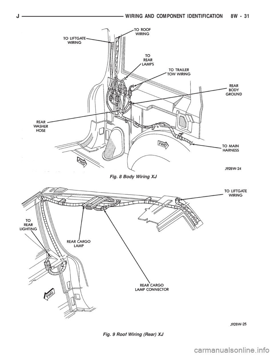 JEEP CHEROKEE 1994 Service Repair Manual Fig. 8 Body Wiring XJ
Fig. 9 Roof Wiring (Rear) XJ
JWIRING AND COMPONENT IDENTIFICATION 8W - 31 JEEP CHEROKEE 1994 Service Repair Manual Fig. 8 Body Wiring XJ
Fig. 9 Roof Wiring (Rear) XJ
JWIRING AND COMPONENT IDENTIFICATION 8W - 31