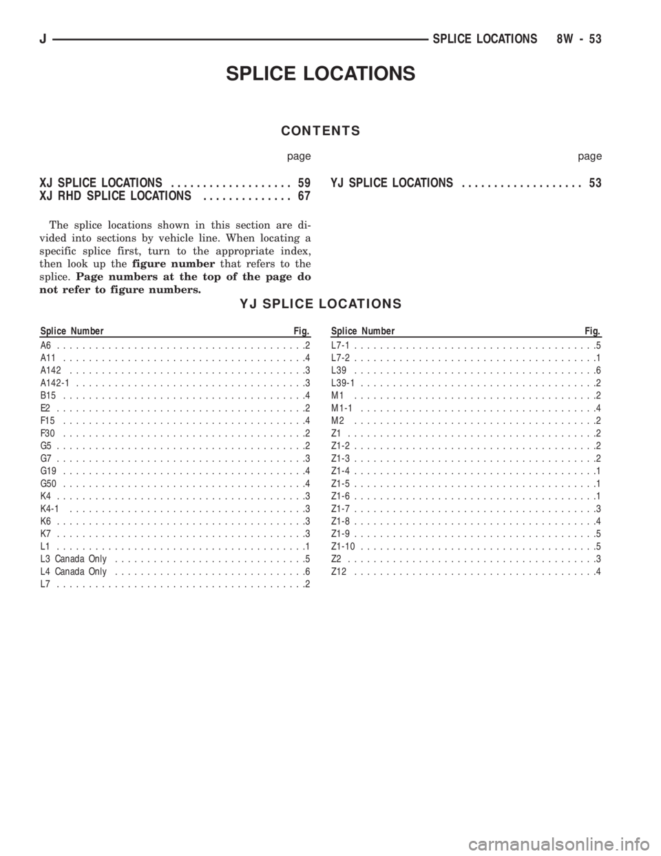 JEEP CHEROKEE 1994 Service Repair Manual SPLICE LOCATIONS
CONTENTS
page page
XJ SPLICE LOCATIONS................... 59
XJ RHD SPLICE LOCATIONS.............. 67YJ SPLICE LOCATIONS................... 53
The splice locations shown in this secti JEEP CHEROKEE 1994 Service Repair Manual SPLICE LOCATIONS
CONTENTS
page page
XJ SPLICE LOCATIONS................... 59
XJ RHD SPLICE LOCATIONS.............. 67YJ SPLICE LOCATIONS................... 53
The splice locations shown in this secti