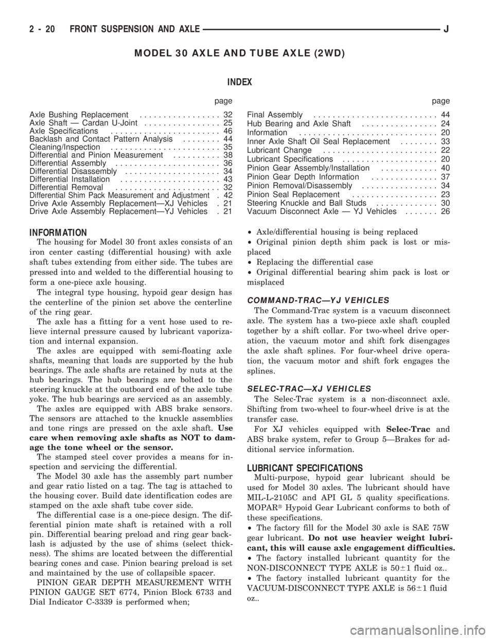JEEP CHEROKEE 1994  Service Repair Manual MODEL 30 AXLE AND TUBE AXLE (2WD)
INDEX
page page
Axle Bushing Replacement................. 32
Axle Shaft Ð Cardan U-Joint................ 25
Axle Specifications....................... 46
Backlash an