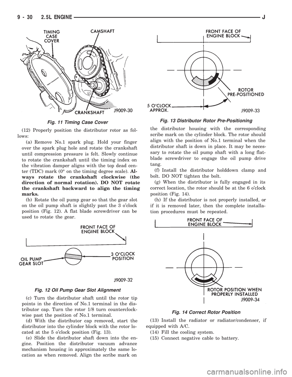 JEEP CHEROKEE 1994  Service Repair Manual (12) Properly position the distributor rotor as fol-
lows:
(a) Remove No.1 spark plug. Hold your finger
over the spark plug hole and rotate the crankshaft
until compression pressure is felt. Slowly co