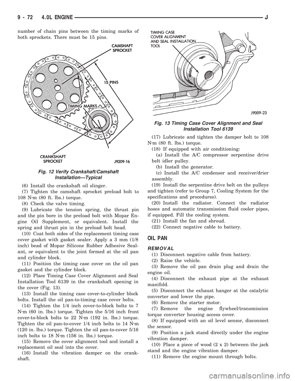 JEEP CHEROKEE 1994 Service Repair Manual number of chain pins between the timing marks of
both sprockets. There must be 15 pins.
(6) Install the crankshaft oil slinger.
(7) Tighten the camshaft sprocket preload bolt to
108 Nzm (80 ft. lbs.) JEEP CHEROKEE 1994 Service Repair Manual number of chain pins between the timing marks of
both sprockets. There must be 15 pins.
(6) Install the crankshaft oil slinger.
(7) Tighten the camshaft sprocket preload bolt to
108 Nzm (80 ft. lbs.)