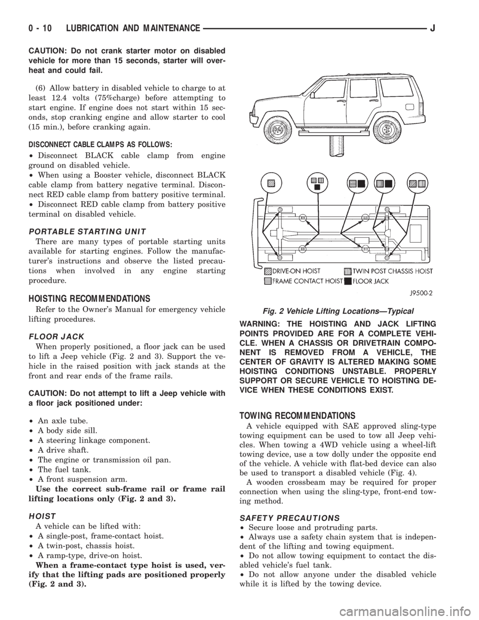 JEEP CHEROKEE 1995  Service Repair Manual CAUTION: Do not crank starter motor on disabled
vehicle for more than 15 seconds, starter will over-
heat and could fail.
(6) Allow battery in disabled vehicle to charge to at
least 12.4 volts (75%cha