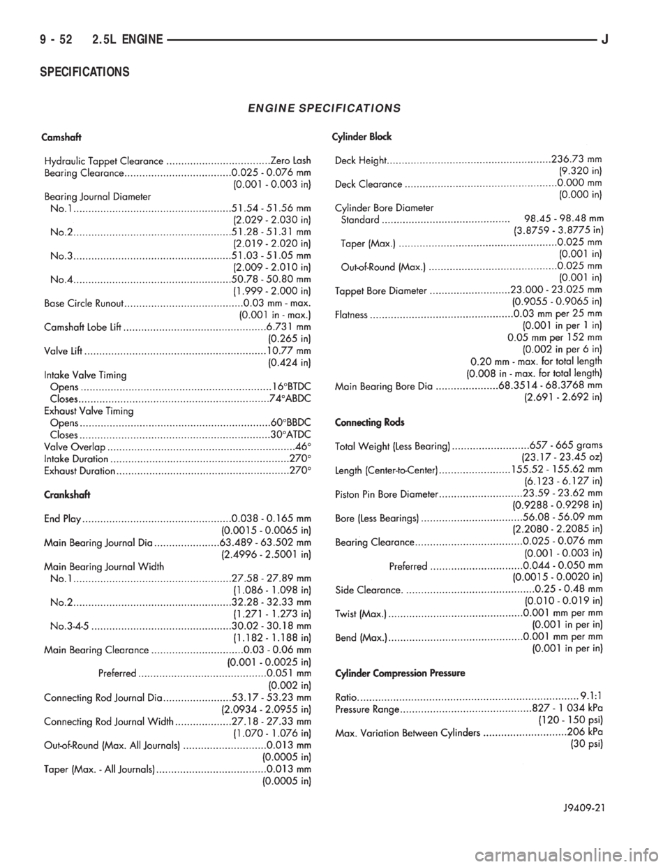 JEEP CHEROKEE 1995  Service Repair Manual SPECIFICATIONS
ENGINE SPECIFICATIONS
9 - 52 2.5L ENGINEJ 