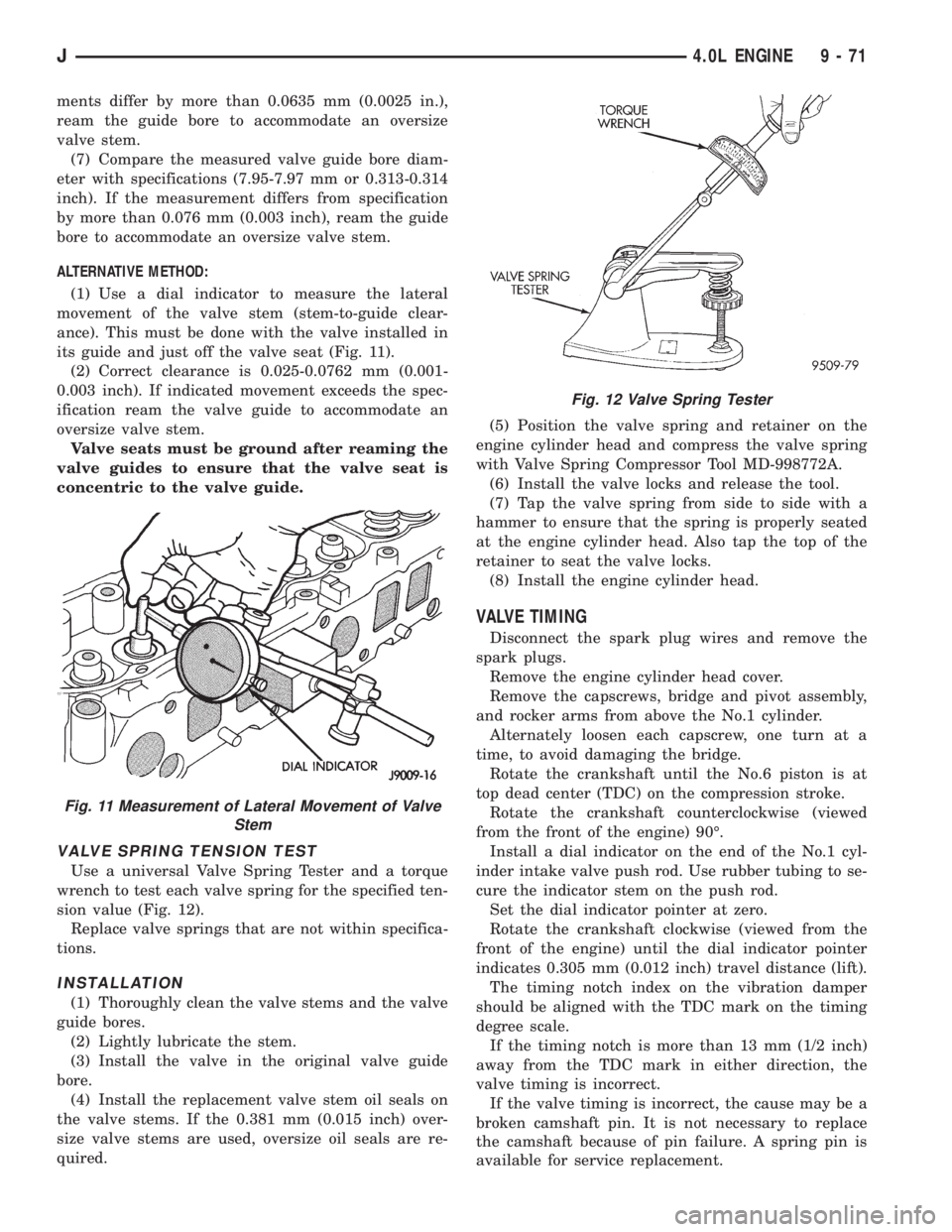 JEEP CHEROKEE 1995  Service Repair Manual ments differ by more than 0.0635 mm (0.0025 in.),
ream the guide bore to accommodate an oversize
valve stem.
(7) Compare the measured valve guide bore diam-
eter with specifications (7.95-7.97 mm or 0