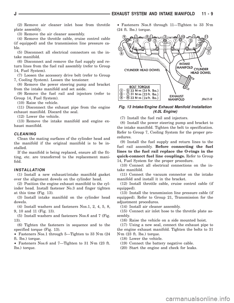 JEEP CHEROKEE 1995 Service Repair Manual (2) Remove air cleaner inlet hose from throttle
plate assembly.
(3) Remove the air cleaner assembly.
(4) Remove the throttle cable, cruise control cable
(if equipped) and the transmission line pressur JEEP CHEROKEE 1995 Service Repair Manual (2) Remove air cleaner inlet hose from throttle
plate assembly.
(3) Remove the air cleaner assembly.
(4) Remove the throttle cable, cruise control cable
(if equipped) and the transmission line pressur