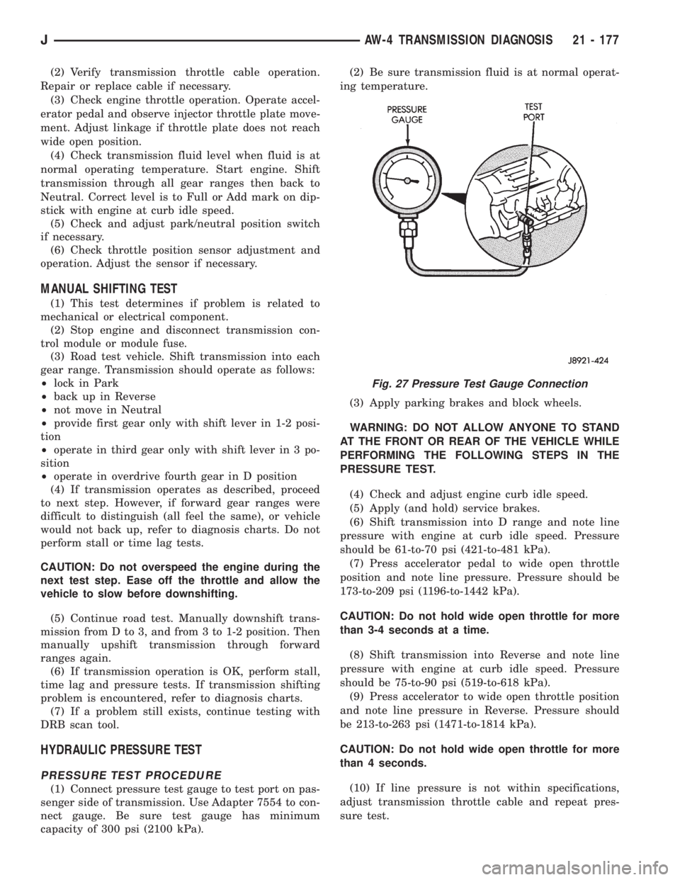 JEEP CHEROKEE 1995  Service Repair Manual (2) Verify transmission throttle cable operation.
Repair or replace cable if necessary.
(3) Check engine throttle operation. Operate accel-
erator pedal and observe injector throttle plate move-
ment.