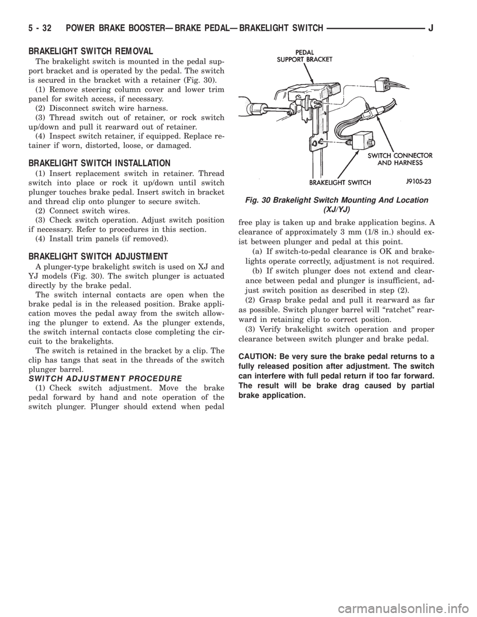 JEEP CHEROKEE 1995 Service Repair Manual BRAKELIGHT SWITCH REMOVAL
The brakelight switch is mounted in the pedal sup-
port bracket and is operated by the pedal. The switch
is secured in the bracket with a retainer (Fig. 30).
(1) Remove steer JEEP CHEROKEE 1995 Service Repair Manual BRAKELIGHT SWITCH REMOVAL
The brakelight switch is mounted in the pedal sup-
port bracket and is operated by the pedal. The switch
is secured in the bracket with a retainer (Fig. 30).
(1) Remove steer