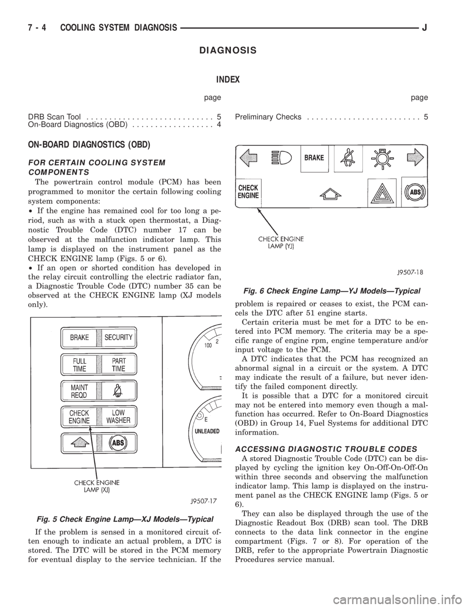 JEEP CHEROKEE 1995  Service Repair Manual DIAGNOSIS
INDEX
page page
DRB Scan Tool............................ 5
On-Board Diagnostics (OBD).................. 4Preliminary Checks......................... 5
ON-BOARD DIAGNOSTICS (OBD)
FOR CERTAIN