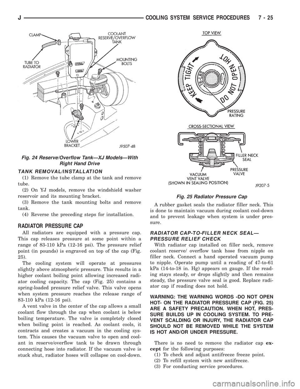 JEEP CHEROKEE 1995  Service Repair Manual TANK REMOVAL/INSTALLATION
(1) Remove the tube clamp at the tank and remove
tube.
(2) On YJ models, remove the windshield washer
reservoir and its mounting bracket.
(3) Remove the tank mounting bolts a