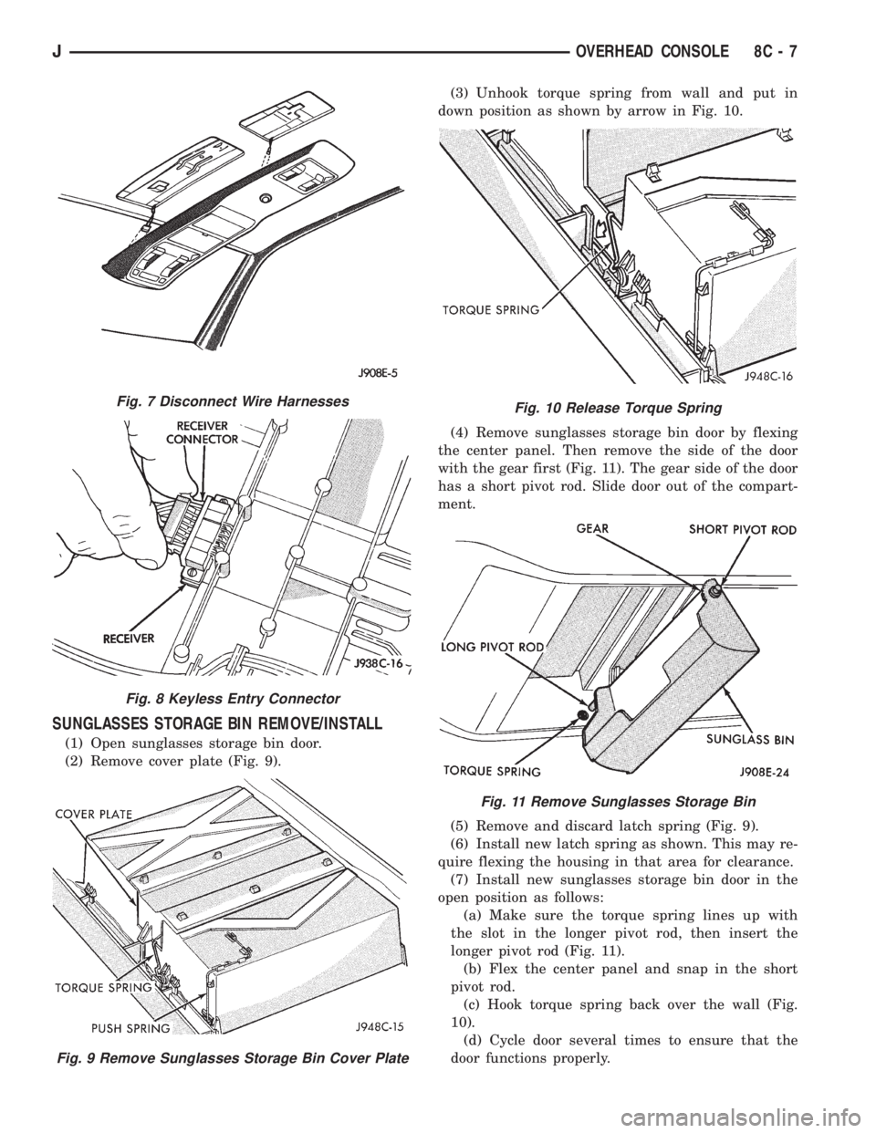 JEEP CHEROKEE 1995  Service Repair Manual SUNGLASSES STORAGE BIN REMOVE/INSTALL
(1) Open sunglasses storage bin door.
(2) Remove cover plate (Fig. 9).(3) Unhook torque spring from wall and put in
down position as shown by arrow in Fig. 10.
(4
