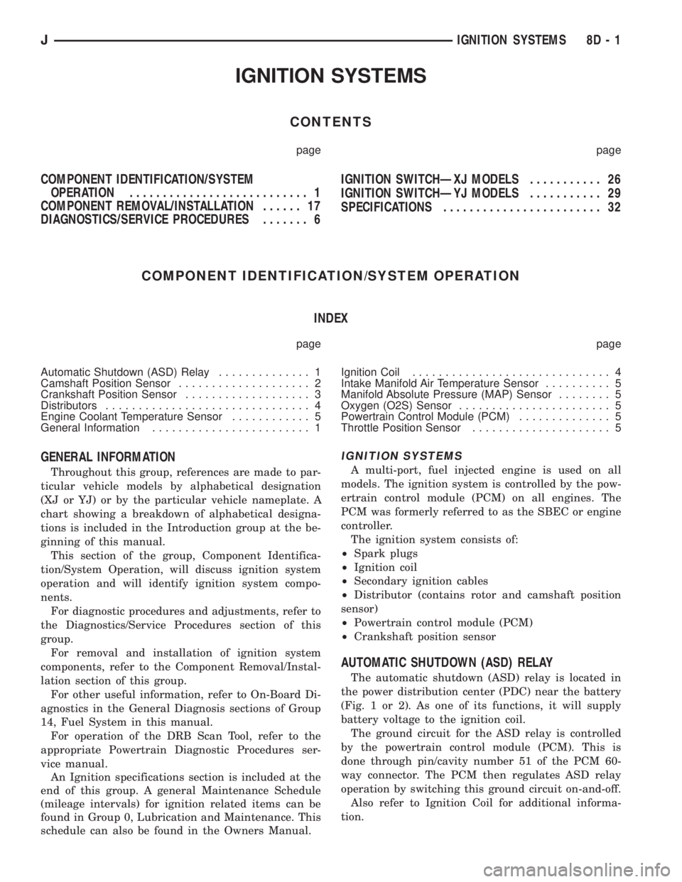 JEEP CHEROKEE 1995  Service Repair Manual IGNITION SYSTEMS
CONTENTS
page page
COMPONENT IDENTIFICATION/SYSTEM
OPERATION........................... 1
COMPONENT REMOVAL/INSTALLATION...... 17
DIAGNOSTICS/SERVICE PROCEDURES....... 6IGNITION SWITC