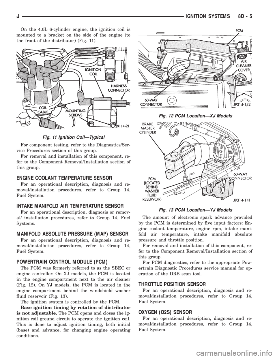 JEEP CHEROKEE 1995  Service Repair Manual On the 4.0L 6-cylinder engine, the ignition coil is
mounted to a bracket on the side of the engine (to
the front of the distributor) (Fig. 11).
For component testing, refer to the Diagnostics/Ser-
vic