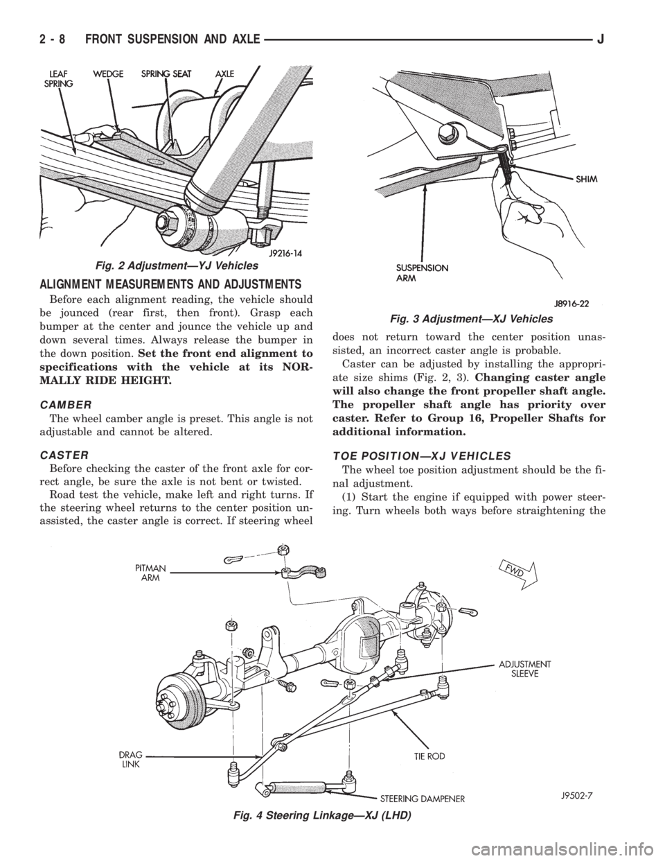 JEEP CHEROKEE 1995  Service Repair Manual ALIGNMENT MEASUREMENTS AND ADJUSTMENTS
Before each alignment reading, the vehicle should
be jounced (rear first, then front). Grasp each
bumper at the center and jounce the vehicle up and
down several