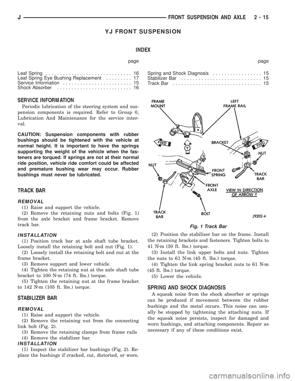 JEEP CHEROKEE 1995  Service Repair Manual YJ FRONT SUSPENSION
INDEX
page page
Leaf Spring.............................. 16
Leaf Spring Eye Bushing Replacement......... 17
Service Information........................ 15
Shock Absorber..........