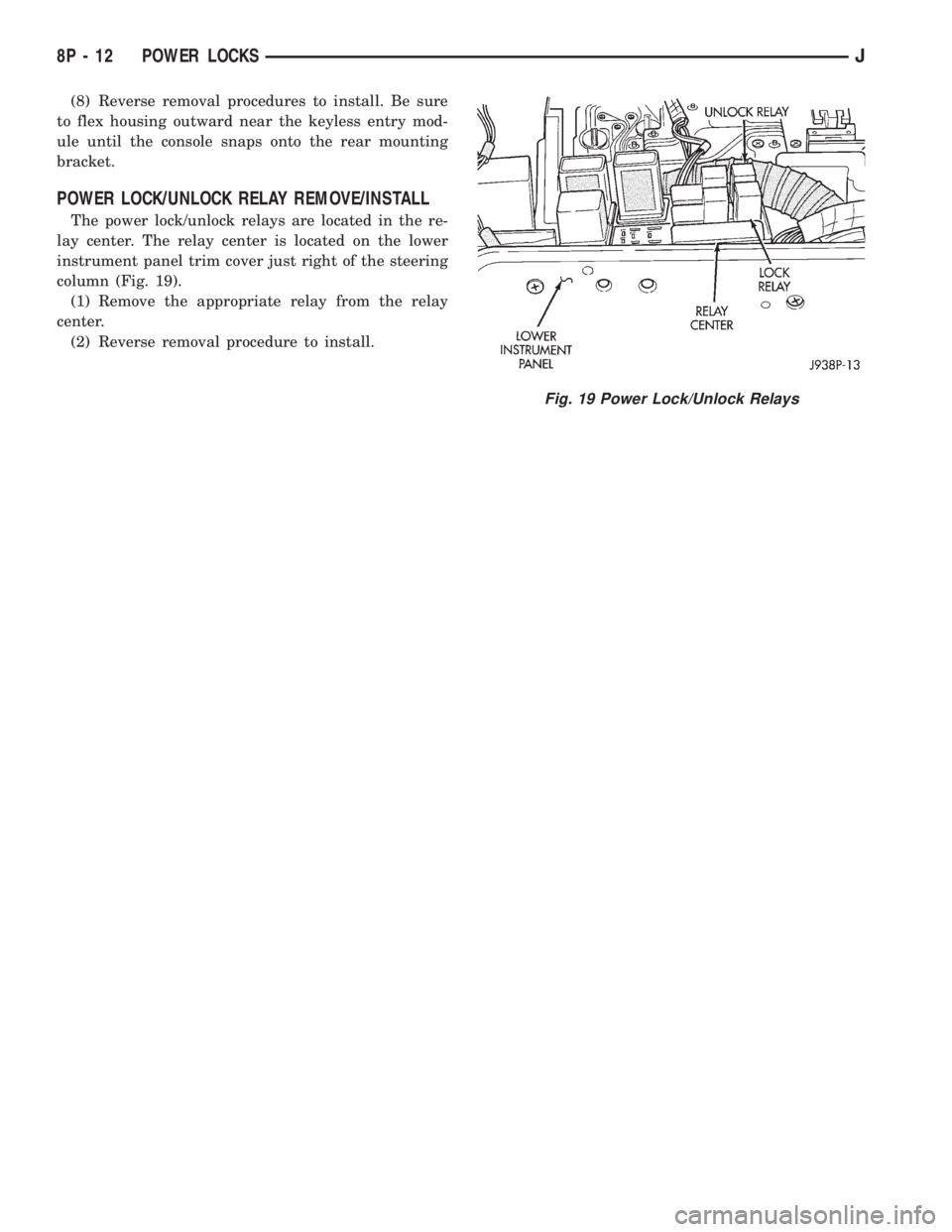 JEEP CHEROKEE 1995  Service Repair Manual (8) Reverse removal procedures to install. Be sure
to flex housing outward near the keyless entry mod-
ule until the console snaps onto the rear mounting
bracket.
POWER LOCK/UNLOCK RELAY REMOVE/INSTAL