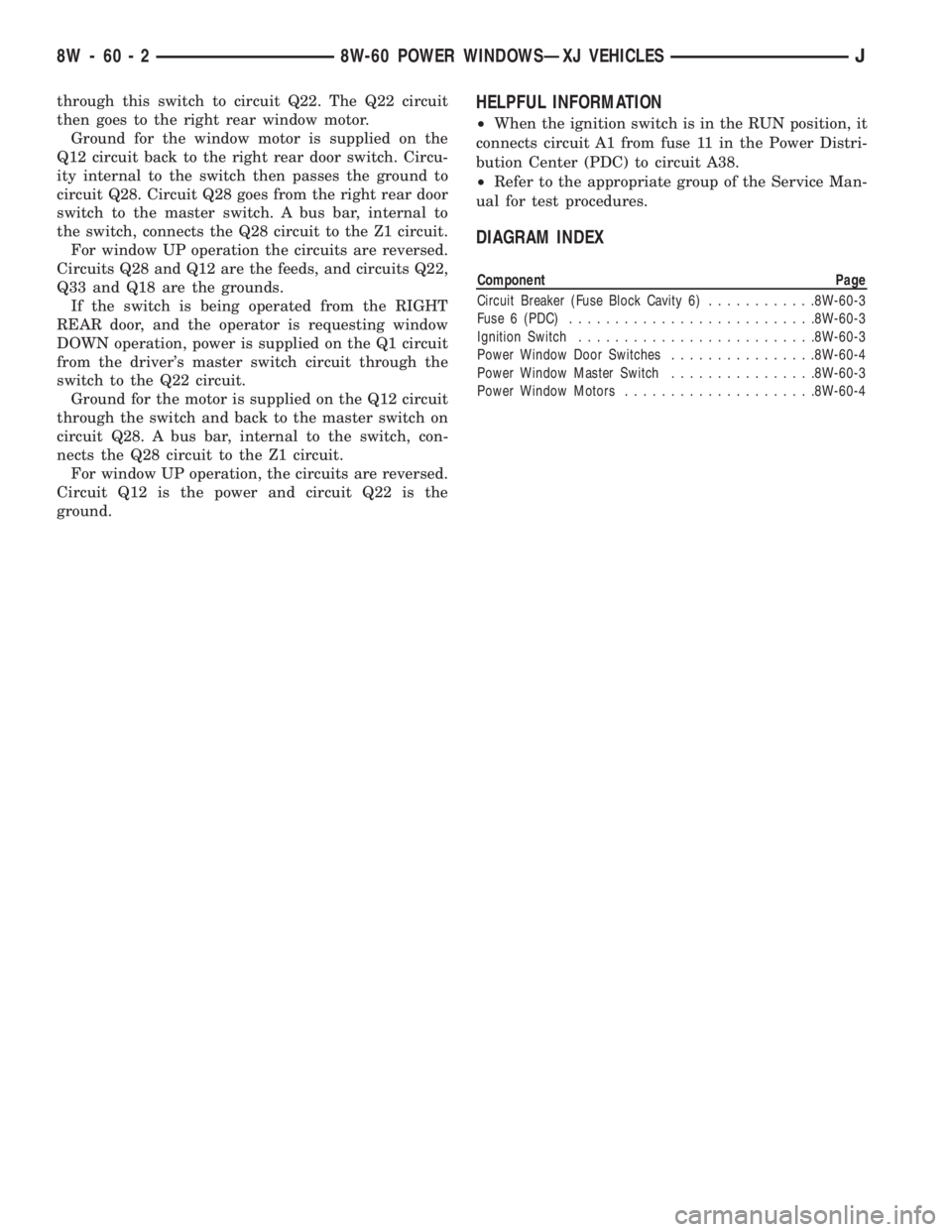 JEEP CHEROKEE 1995  Service Repair Manual through this switch to circuit Q22. The Q22 circuit
then goes to the right rear window motor.
Ground for the window motor is supplied on the
Q12 circuit back to the right rear door switch. Circu-
ity 