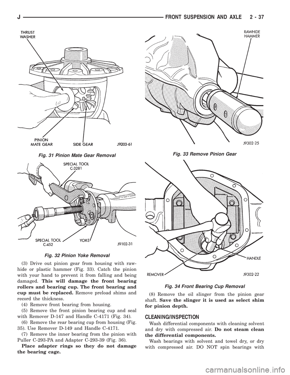 JEEP CHEROKEE 1995  Service Repair Manual (3) Drive out pinion gear from housing with raw-
hide or plastic hammer (Fig. 33). Catch the pinion
with your hand to prevent it from falling and being
damaged.This will damage the front bearing
rolle