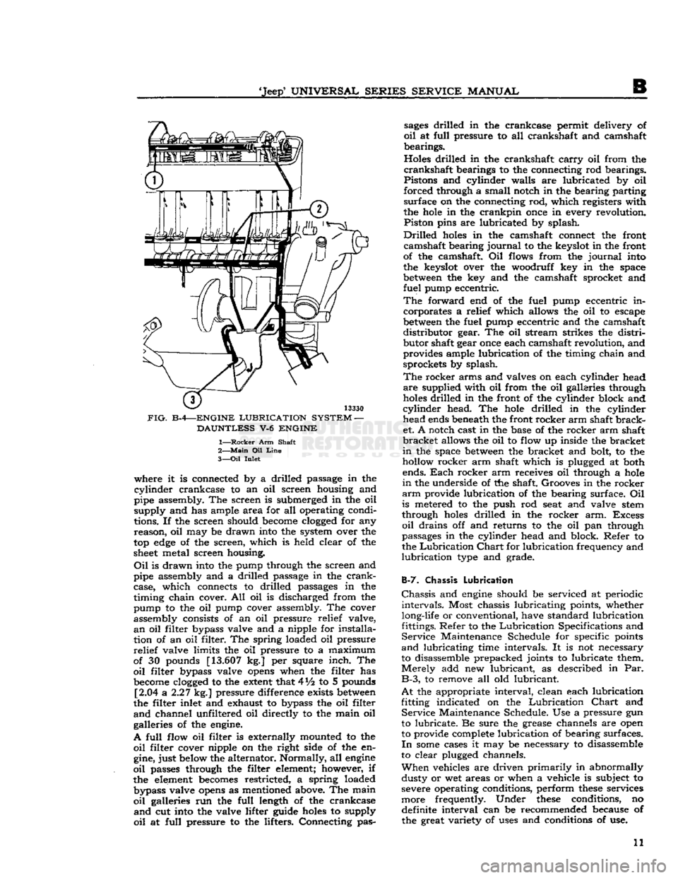 JEEP CJ 1953 User Guide 
Jeep*
 UNIVERSAL
 SERIES
 SERVICE
 MANUAL 

13330 

FIG.
 B-4—ENGINE
 LUBRICATION
 SYSTEM
 — 
 DAUNTLESS
 V-6
 ENGINE 

1—
 Rocker
 Arm Shaft 
2—
 Main
 Oil
 Line 

3—
 Oil
 Inlet  where i
