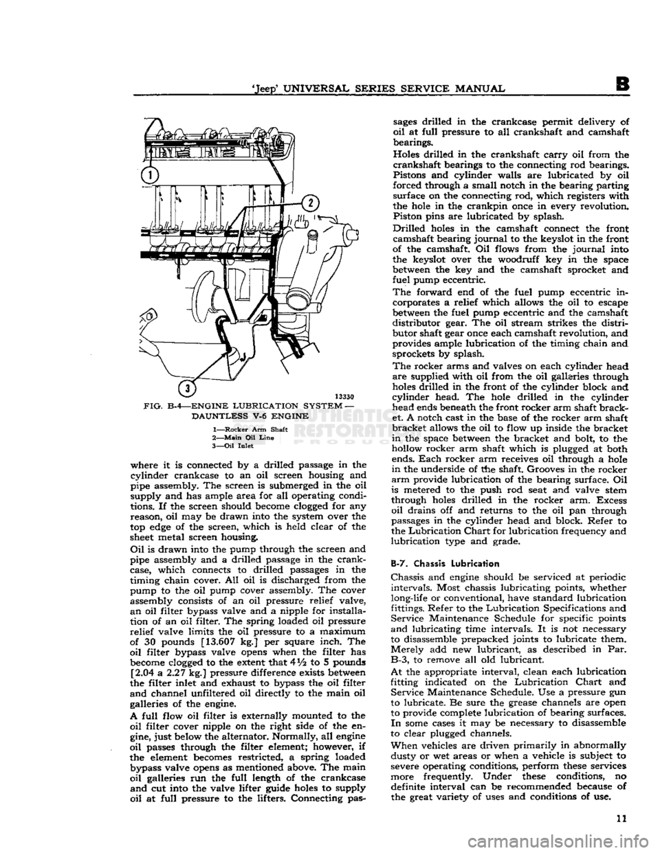 JEEP CJ 1953  Service Manual 
Jeep*
 UNIVERSAL
 SERIES
 SERVICE
 MANUAL 

13330 

FIG.
 B-4—ENGINE
 LUBRICATION
 SYSTEM
 — 
 DAUNTLESS
 V-6
 ENGINE 

1—
 Rocker
 Arm Shaft 
2—
 Main
 Oil
 Line 

3—
 Oil
 Inlet  where i