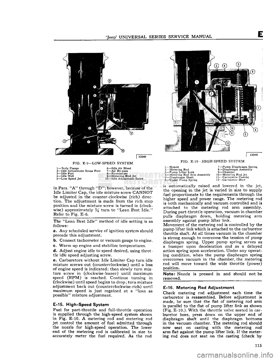 JEEP CJ 1953  Service Manual 
Jeep*
 UNIVERSAL
 SERIES
 SERVICE
 MANUAL 

E 

FIG.
 E-9—LOW-SPEED
 SYSTEM 

1—
 Body
 Flange 6—Idle Air Bleed 

2—
 -Idle
 Adjustment Screw Port
 7—Air
 By-pass 
3—
 Idle
 Port 8—Eco