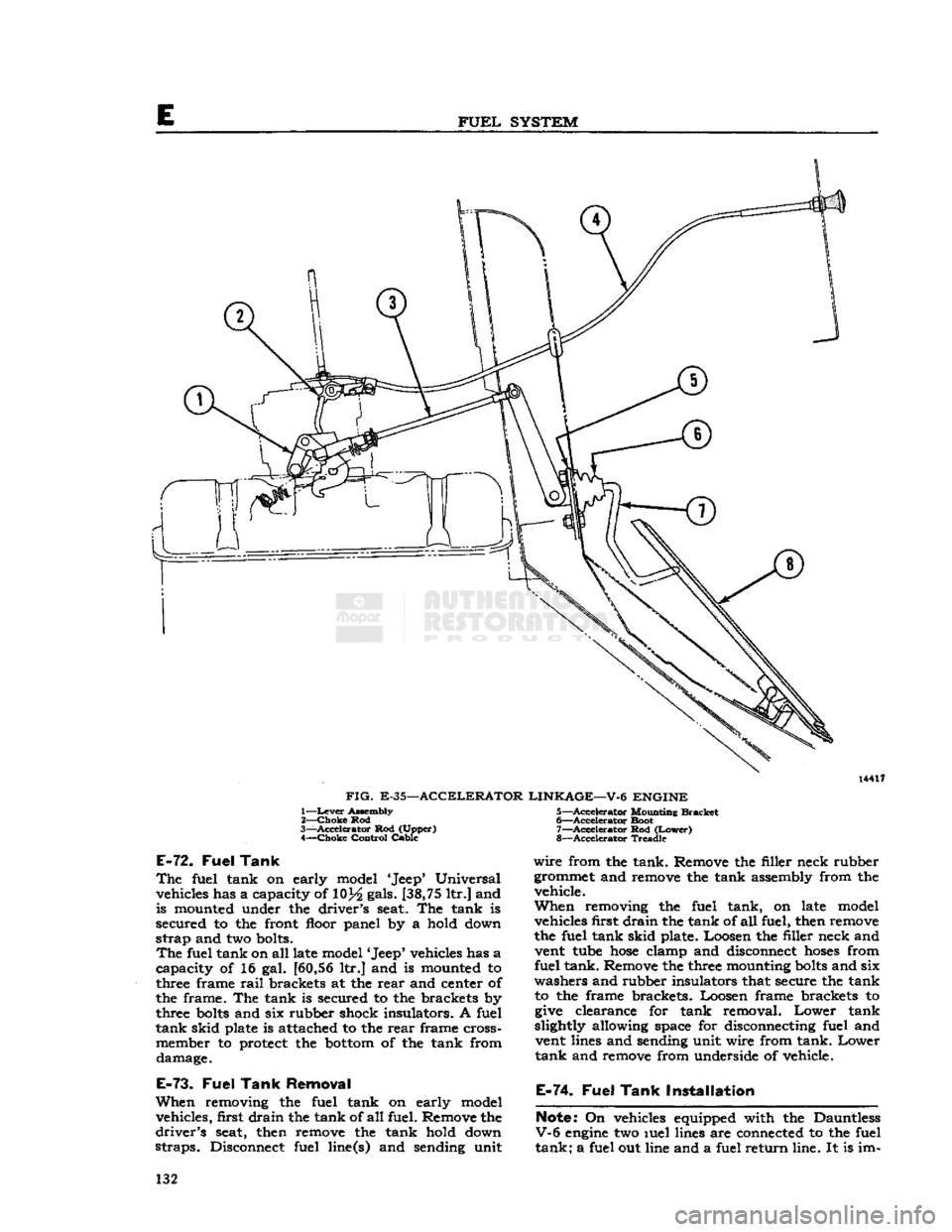 JEEP CJ 1953 Service Manual
FUEL
SYSTEM
14417
FIG.
E-35—ACCELERATOR LINKAGE—V-6 ENGINE
1— Lever
Assembly
2—
Choke
Rod
3—
-Accelerator
Rod (Upper) 4—
Choke
Control Cable
E-72.
Fuel
Tank
The
JEEP CJ 1953 Service Manual
FUEL
SYSTEM
14417
FIG.
E-35—ACCELERATOR LINKAGE—V-6 ENGINE
1— Lever
Assembly
2—
Choke
Rod
3—
-Accelerator
Rod (Upper) 4—
Choke
Control Cable
E-72.
Fuel
Tank
The