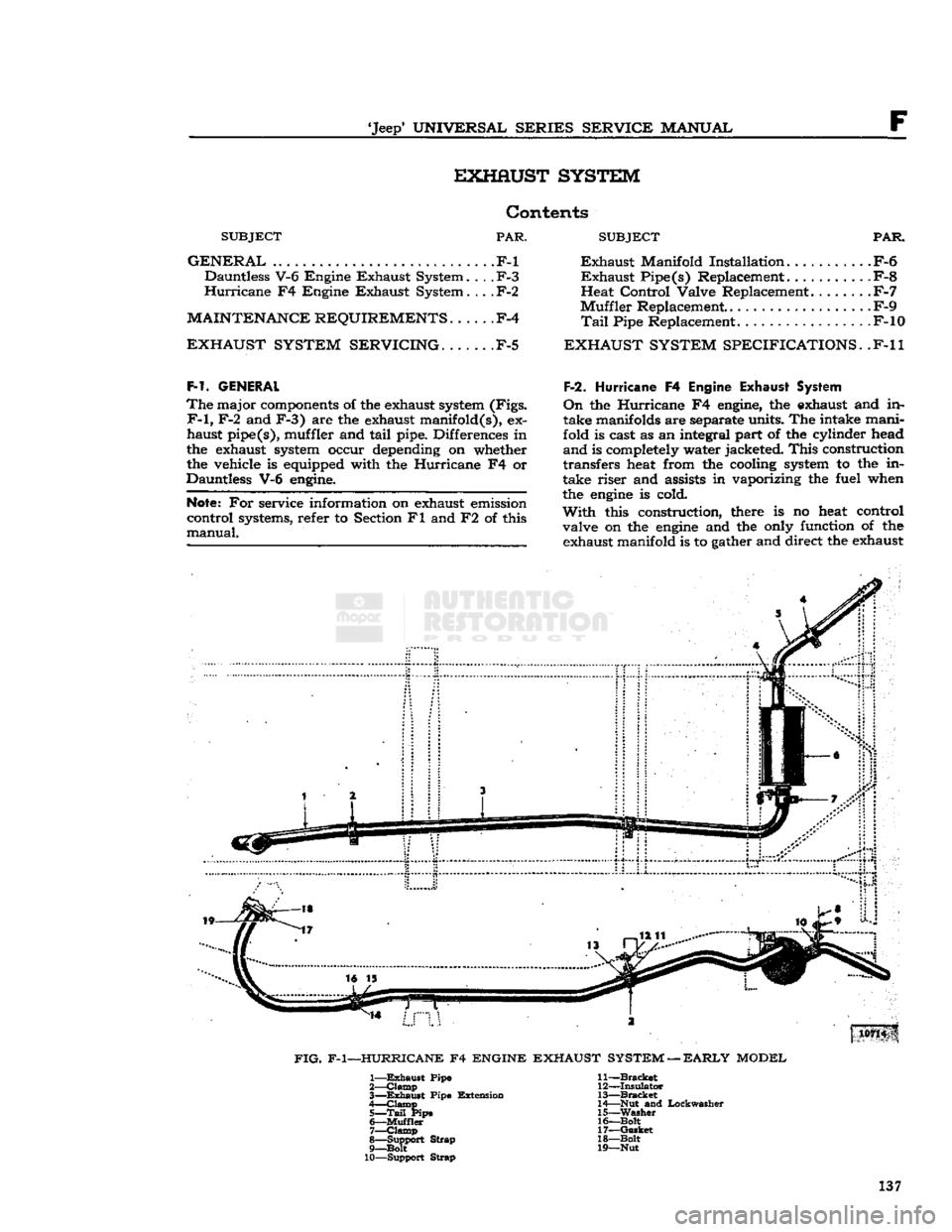 JEEP CJ 1953  Service Manual 
Jeep*
 UNIVERSAL SERIES SERVICE
 MANUAL 

F EXHAUST SYSTEM 

Contents 

SUBJECT
 PAR. 

GENERAL
 .F-l  Dauntless V-6 Engine Exhaust System....
 F-3 

Hurricane
 F4 Engine Exhaust System....
 F-2 

M