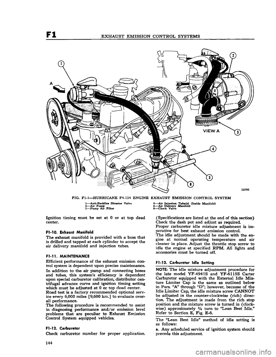 JEEP CJ 1953  Service Manual 
Fl 
EXHAUST EMISSION CONTROL SYSTEMS 

12793 

FIG.
 Fl-1—HURRICANE
 F4-134
 ENGINE EXHAUST EMISSION CONTROL SYSTEM 
 1—
 Anti-Backfire
 Diverter
 Valve 

2— Air
 Pump 

3—
 Pump
 Air
 Filter