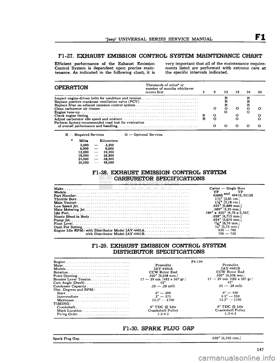 JEEP CJ 1953  Service Manual 
Jeep
 UNIVERSAL SERIES
 SERVICE
 MANUAL 

Fl 
Fl-27.
 EXHAUST EMISSION CONTROL SYSTEM MAINTENANCE CHART 

Efficient
 performance of the Exhaust Emission 
 Control
 System is
 dependent
 upon precis