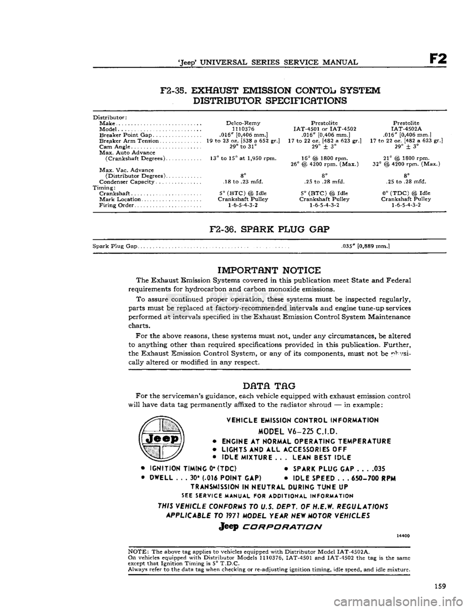JEEP CJ 1953  Service Manual 
Jeep
 UNIVERSAL SERIES SERVICE
 MANUAL 

F2 
F2-35.
 EXHAUST EMISSION CONTOL SYSTEM 
DISTRIBUTOR SPECIFICATIONS 

Distributor: 
 Make
 Delco-Remy Prestolite Prestolite 
Model...
 1110376
 IAT-4501 
