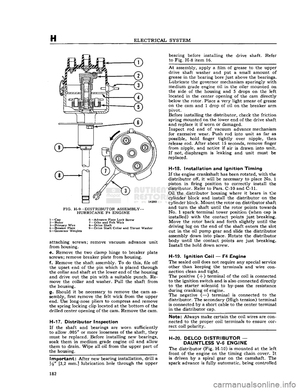 JEEP CJ 1953 Manual PDF 
H 

ELECTRICAL
 SYSTEM 
FIG.
 H-9—DISTRIBUTOR ASSEMBLY- HURRICANE F4 ENGINE  1—
 Cap
 6—Advance Plate
 Lock
 Screw 
2—
 Rotor
 7—Oiler and
 Felt
 Wick 

3—
 Primary
 Wire
 8—Drive Shaft