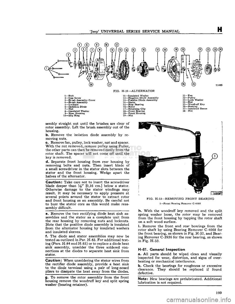 JEEP CJ 1953  Service Manual 
Jeep
 UNIVERSAL
 SERIES SERVICE
 MANUAL 

H 

©
 © © ® (a 
1—
 Bolt 

2— Cap
 Screw 

3—
 Brush
 Assembly
 Cover 

4—
 Brush
 Assembly 
5—
 Locknut 

6—
 Isolation
 Diode 7— Nut 
