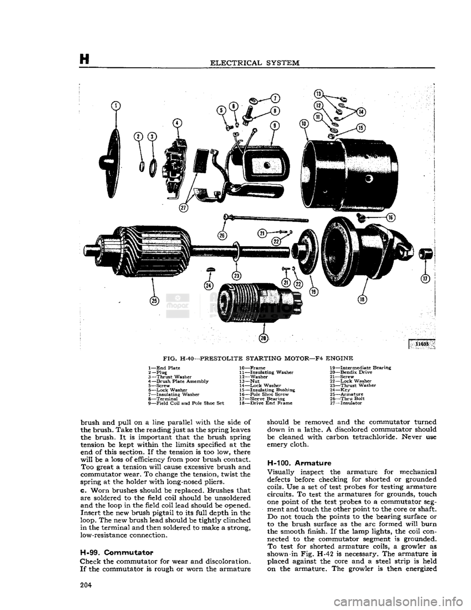 JEEP CJ 1953 Owners Manual 
H 

ELECTRICAL
 SYSTEM 

11035 

FIG.
 H-40—PRESTOLITE STARTING MOTOR—F4 ENGINE  1— End
 Plate 

2—
 Plug 

3—
 Thrust
 Washer 
4—
 Brush
 Plate Assembly  5— Screw 
6—
 —Lock
 Washe