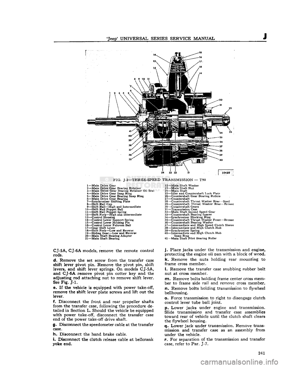 JEEP CJ 1953  Service Manual 
Jeep
 UNIVERSAL
 SERIES
 SERVICE
 MANUAL 

J 

10489 

FIG.
 J-2—THREE-SPEED
 TRANSMISSION
 — T90  1—
 Main
 Drive
 Gear 

2—
 Main
 Drive
 Gear
 Bearing
 Retainer 

3—
 Main
 Drive
 Gear