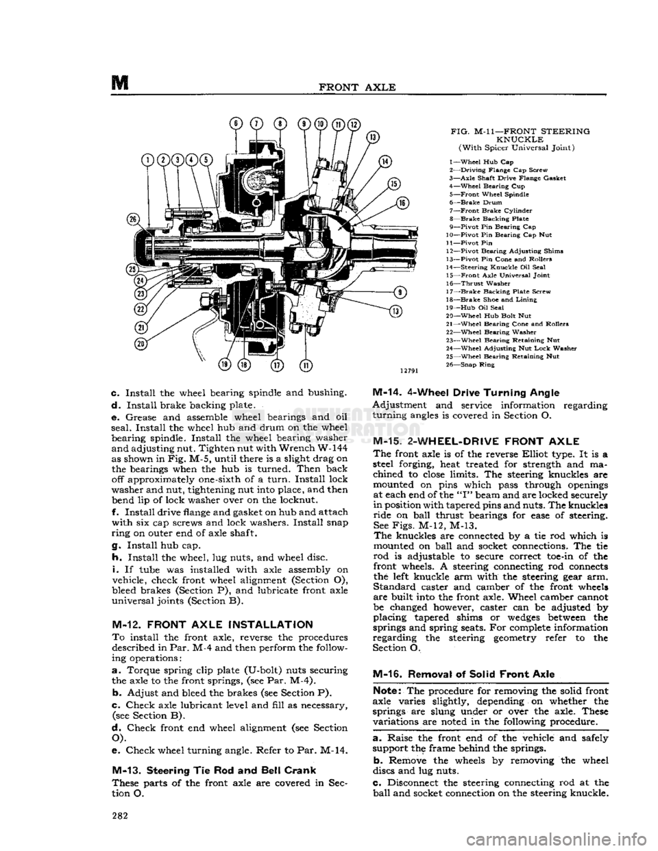 JEEP CJ 1953  Service Manual 
FRONT
 AXLE 

FIG.
 M-l
 1—FRONT
 STEERING 

KNUCKLE 

(With
 Spicer Universal Joint) 
1—
 Wheel
 Hub Cap 

2—
 Driving
 Flange Cap Screw 

3—
 Axle
 Shaft Drive Flange Gasket  4—
 Wheel
 B