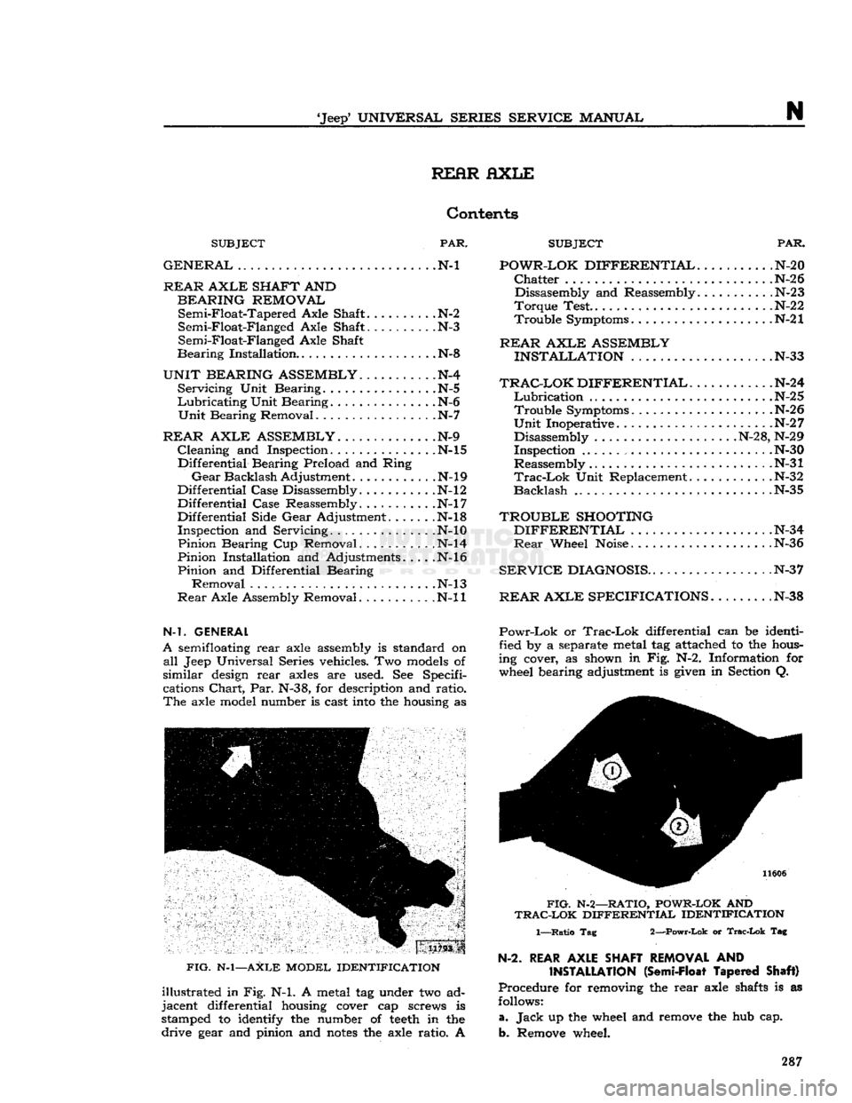 JEEP CJ 1953 User Guide 
Jeep*
 UNIVERSAL SERIES SERVICE
 MANUAL 

N 
REAR
 AXLE 

Contents 
 PAR. SUBJECT
 PAR. 

N-l POWR-LOK DIFFERENTIAL
 N-20 
 Chatter
 .N-26 Dissasembly and Reassembly. .N-23 
Torque Test .N-22 
21* T