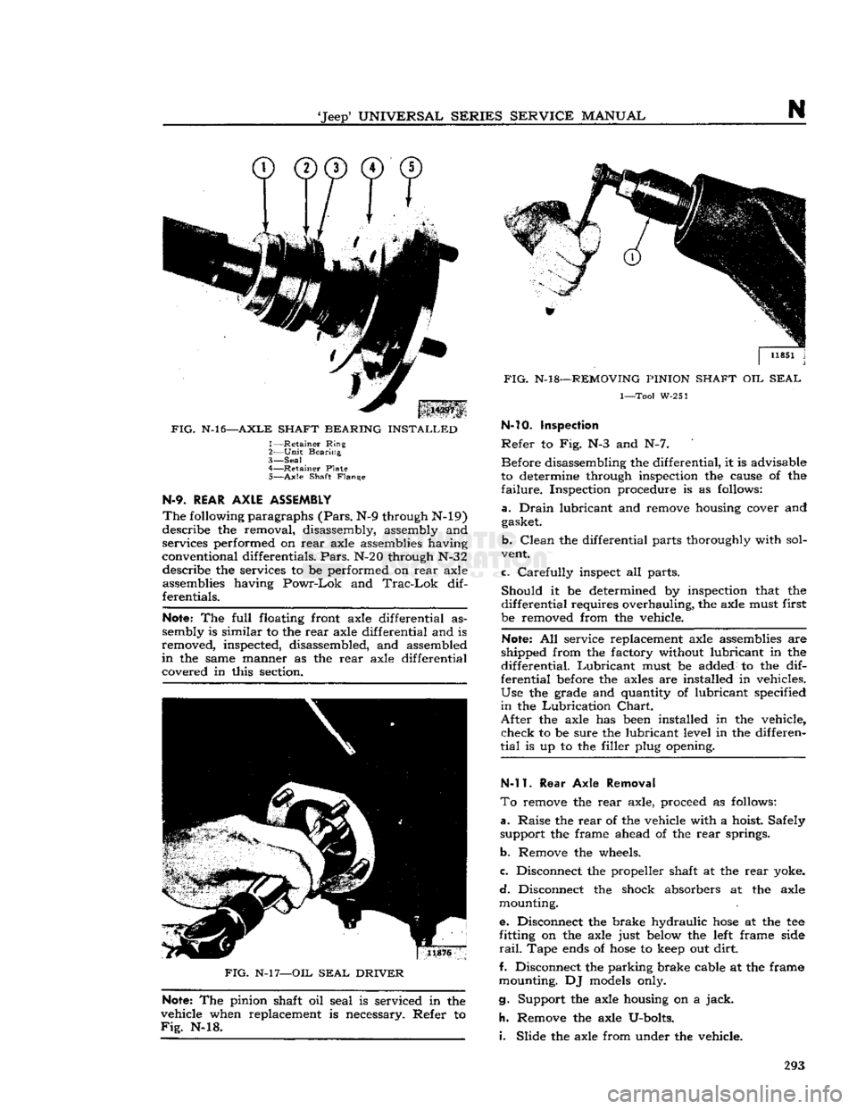JEEP CJ 1953 User Guide 
Jeep*
 UNIVERSAL
 SERIES
 SERVICE
 MANUAL 

N 

FIG.
 N-l6—AXLE
 SHAFT
 BEARING
 INSTALLED 
 1—
 Retainer
 Ring 

2—
 Unit
 Bearing 

3—
 Seal 

4—
 Retainer
 Plate 
 5—
 Axle
 Shaft
 Fl