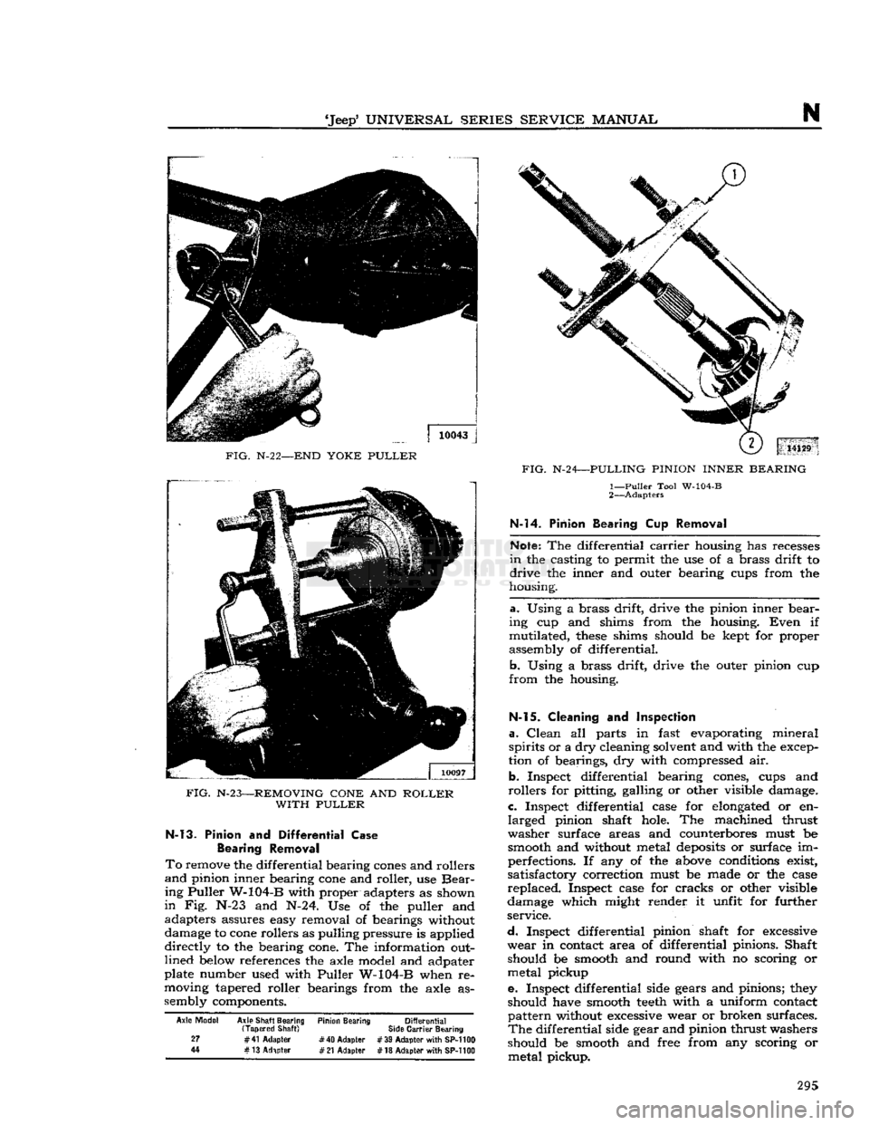 JEEP CJ 1953 User Guide 
Jeep*
 UNIVERSAL
 SERIES SERVICE
 MANUAL 

N 

FIG.
 N-2
 2—END
 YOKE PULLER 

FIG.
 N-23—REMOVING
 CONE
 AND
 ROLLER 
 WITH
 PULLER 
 N-13. Pinion
 and
 Differential
 Case 

Bearing
 Removal 

