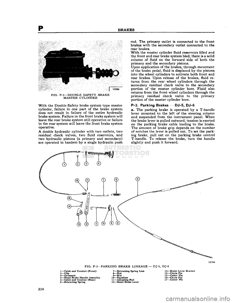 JEEP CJ 1953  Service Manual 
p 
BRAKES 

13264 

FIG- P-2—DOUBLE
 SAFETY BRAKE 
 MASTER
 CYLINDER 
 With
 the Double-Safety brake system type master 

cylinder,
 failure
 in one part of the brake system 

does
 not result in
 