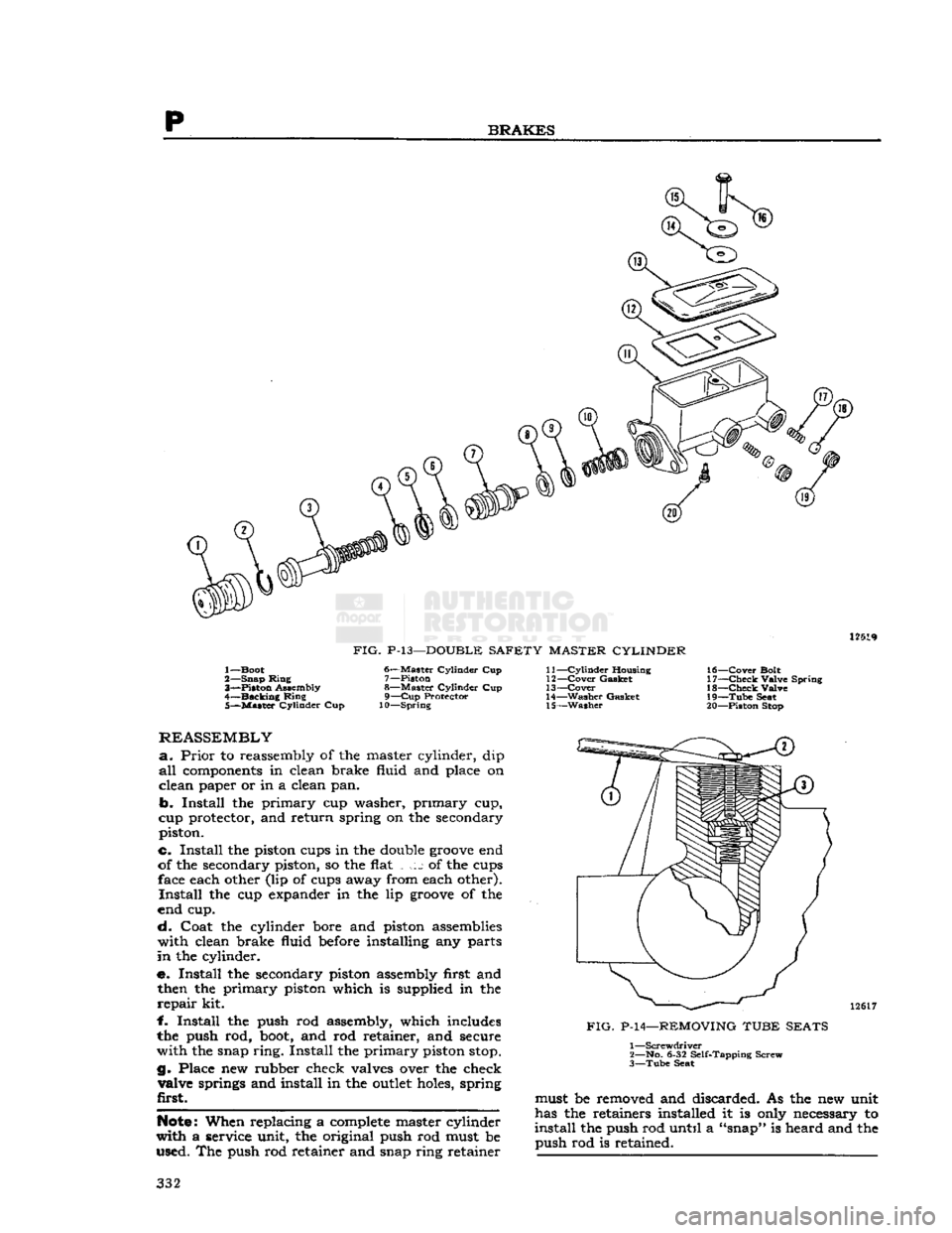 JEEP CJ 1953  Service Manual 
BRAKES 

12519 

FIG.
 P-13—DOUBLE
 SAFETY MASTER CYLINDER 
1— Boot 
2— Snap Ming  3"*—Piston Assembly 
4—
 Backing
 Ring 5—
 Master
 Cylinder Cup  6—
 Master
 Cylinder Cup 
7— Piston