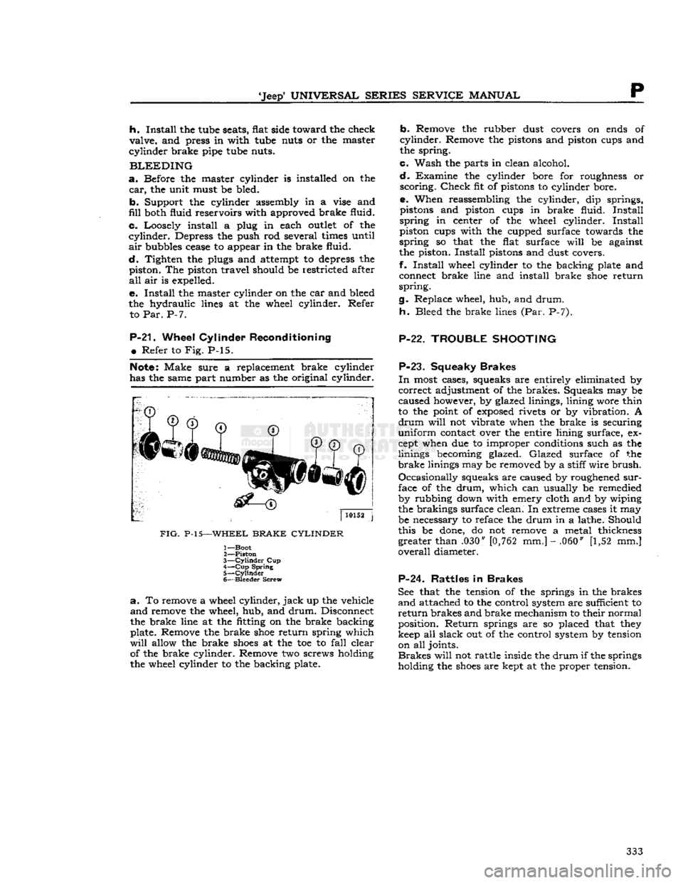 JEEP CJ 1953  Service Manual 
Jeep
 UNIVERSAL
 SERIES SERVICE
 MANUAL 

P h.
 Install
 the tube seats, flat side toward the check 

valve,
 and press in with tube nuts or the master 

cylinder
 brake pipe tube nuts. 

BLEEDING 