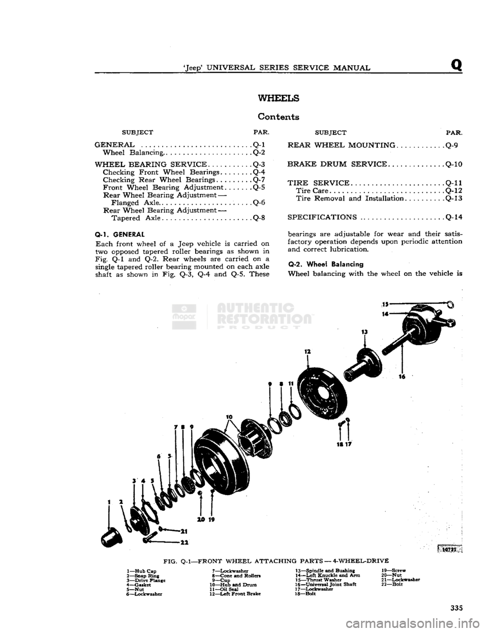JEEP CJ 1953 Service Manual
Jeep
UNIVERSAL
SERIES SERVICE
MANUAL
WHEELS
Contents
SUBJECT PAR.
GENERAL
Q-l Wheel Balancing. Q-2
WHEEL BEARING SERVICE.
......
Q-3
Checking
Front Wheel Bearings Q-4
Checking JEEP CJ 1953 Service Manual
Jeep
UNIVERSAL
SERIES SERVICE
MANUAL
WHEELS
Contents
SUBJECT PAR.
GENERAL
Q-l Wheel Balancing. Q-2
WHEEL BEARING SERVICE.
......
Q-3
Checking
Front Wheel Bearings Q-4
Checking